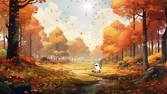 panoramic autumn forest landscape. autumn in the forest. seamless looping overlay 4k virtual video animation background 