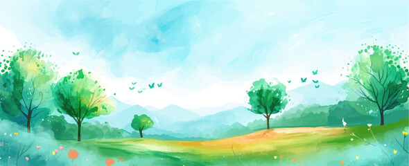 Fototapeta na wymiar Rural spring landscape with a river and green meadows. Vector watercolor illustration.