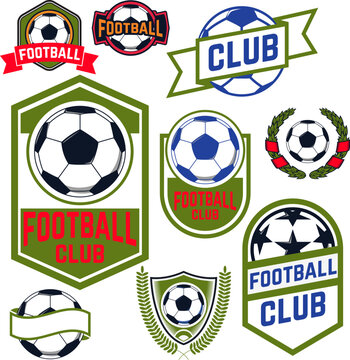 Set of football emblems. Label, logo or emblem design template. Soccer balls. Football championship. Vector design elements.
