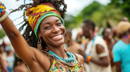 A Caribbean woman is dancing to reggae music at a festival in Jamaica