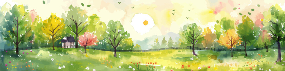 Rural spring landscape with a river and green meadows. Vector watercolor illustration.