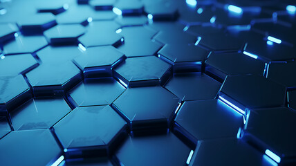 A close-up of a futuristic hexagonal geometric pattern with a sleek blue neon glow, suggesting advanced technology.
