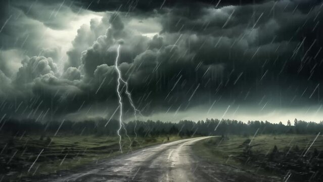  raining storm on the road. storm clouds lapse. dark night road through forest and mountains, rain and storm with lightning. seamless looping overlay 4k virtual video animation background 