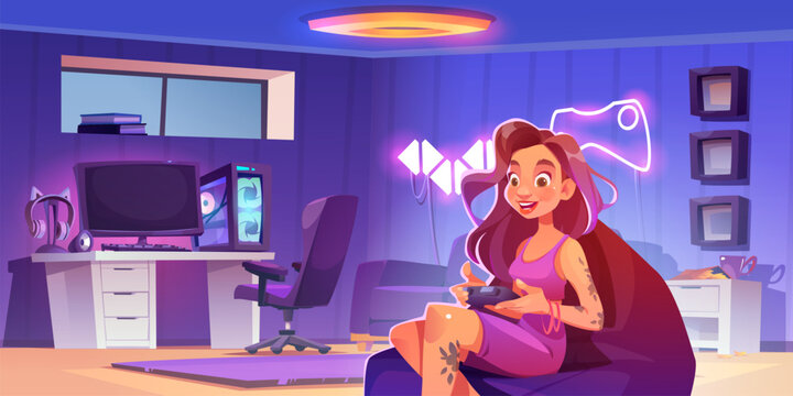 Young woman playing video game on console with gamepad. Cartoon vector room interior with gaming and streaming setup, bright neon signs and gamer computer. Girl sitting in armchair with joystick.