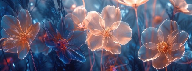 Illuminated Neon Flowers in Ethereal Botanical Display