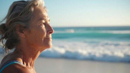 A middle-aged woman from Oceania, with a thoughtful expression and a surfboard, is watching the waves on a beach in Gold Coast, Australia - obrazy, fototapety, plakaty