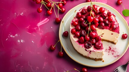 delicious cherry cheesecake garnished with fresh cherries sits on a plate, showcasing a perfect slice removed to reveal the creamy interior