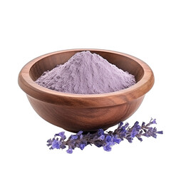 Obraz na płótnie Canvas pile of finely dry organic fresh raw blue vervain herb powder in wooden bowl png isolated on white background. bright colored of herbal, spice or seasoning recipes clipping path. selective focus