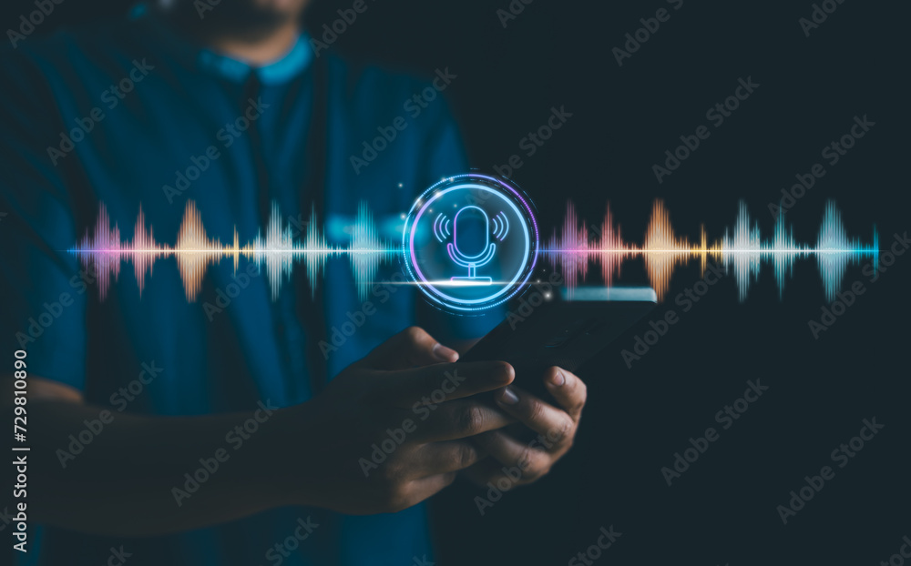 Poster voice recording. man touching microphone icon on smartphone. mobile application record sound, audio,