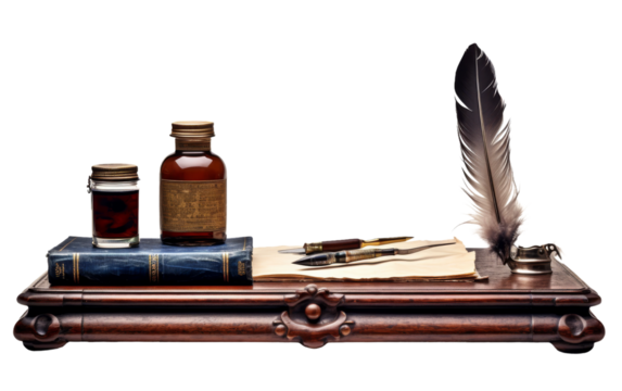 Writing Desk with an Aged Quill Pen and Inkwell