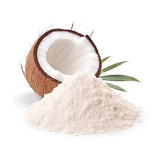 close up pile of finely dry organic fresh raw coconut powder isolated on white background. bright colored heaps of herbal, spice or seasoning recipes clipping path. selective focus