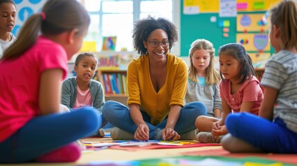 Smiling Teacher Engaging with Students in Colorful Classroom