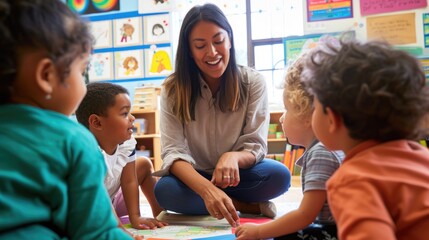 Smiling Teacher Engaging with Students in Colorful Classroom
