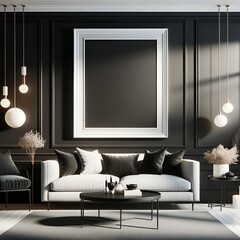Elegant Modern Living Room with Large White Picture Frame on Dark Wall, Stylish Sofa and Decorative Hanging Lights - Contemporary Home Interior Design