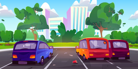 Cars on parking lot in summer city. Vector cartoon illustration of modern cityscape with skyscrapers, sunny park with green lawn, trees, bushes, clouds in blue sky, urban housing buildings and autos © klyaksun