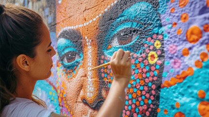 A young Aboriginal Australian woman is painting a mural on a wall in Sydney