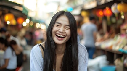 A young Asian woman in her early 20s, with long black hair and almond-shaped eyes, is laughing heartily while sitting in a bustling street market in Bangkok