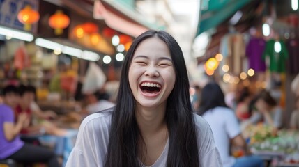 A young Asian woman in her early 20s, with long black hair and almond-shaped eyes, is laughing heartily while sitting in a bustling street market in Bangkok - obrazy, fototapety, plakaty