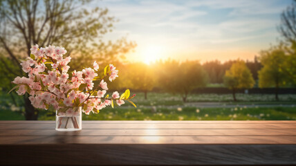 empty table with spring trees in blooming at sunrise