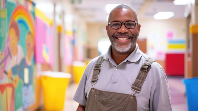 Smiling Janitor with Mop in Colorful School Hallway.