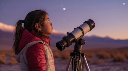 A young girl from South America, with a curious expression and a telescope, is stargazing in the Atacama Desert in Chile