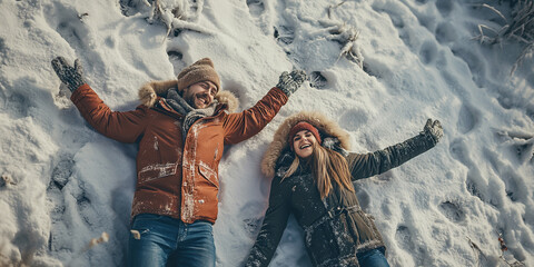 A couple lies on the snow in the forest and laughs. Winter romantic scene.