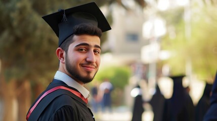 A young man from the Middle East, with a proud expression and a diploma, is graduating from university in Amman, Jordan