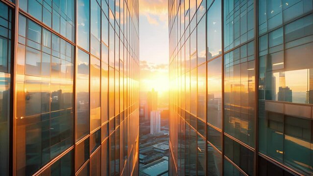 The gleaming gl facade of the office building reflects the cool tones of a cityscape during sunset creating a striking contrast between modern architecture and nature.