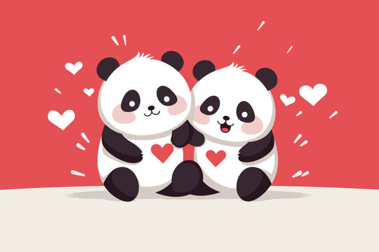 valentines day cute panda couple vector illustration