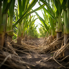 Ground view of plant stalks growing on a Sugar Cane farm 