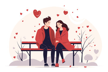 valentines day cute couple sitting on the bench and looking each other in love vector illustration