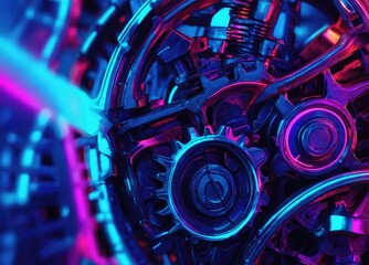Glowing Mechanism 3D Illustration of Gears with Neon Lights in Technology Concept