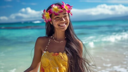 A young Polynesian woman, with long black hair and a flower in her hair, is dancing hula on a beach in Hawaii