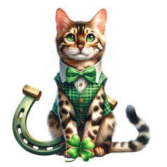 saint patrick's cat Bengal cat in St. Patrick's Day theme, transparent background - obrazy, fototapety, plakaty