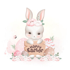 Watercolor Illustration White Rabbit with Easter Eggs at the Garden full of Flowers