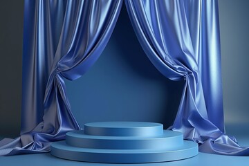  3d round podium blue background with curtain 
