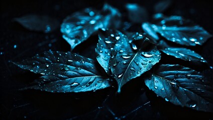 black background, dark black leaves,water drops on the leaves, neon lighting