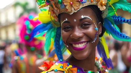 Crédence de cuisine en verre imprimé Havana A young woman from the Caribbean, with a joyful expression and a carnival costume, is dancing in a parade in Havana, Cuba