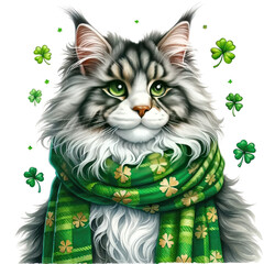 saint patrick's cat Maine Coon cat in St. Patrick's Day theme, transparent background - obrazy, fototapety, plakaty