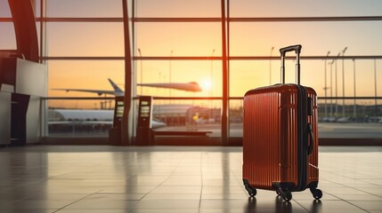 a suitcase in an empty airport waiting room, travel bags in the departure terminal, in the waiting area, vacation concept, travel, place for text