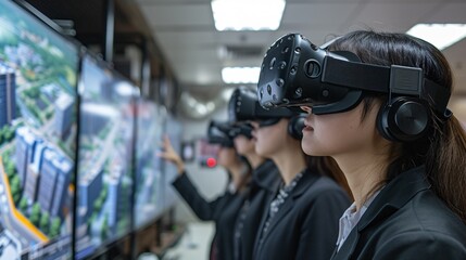 Obraz premium Using virtual reality technology, civil engineers employ it to visualize and design complex infrastructure projects in urban environments.