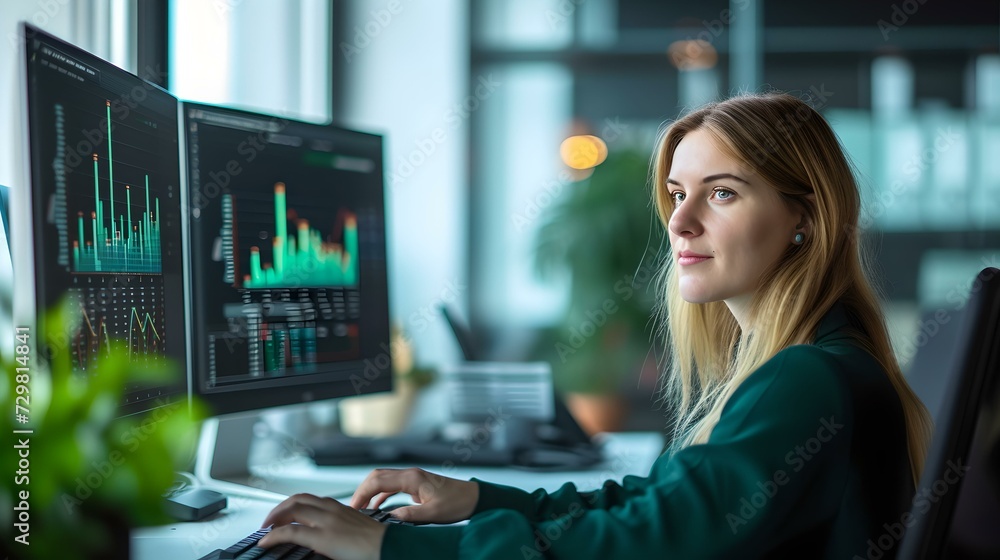 Poster professional woman analyzing data on computer screens in a modern office setting. focused work envir