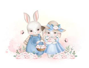 Watercolor Illustration Cute Couple Rabbit at Garden Full of Flowers