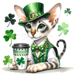 saint patrick's cat Oriental Shorthair cat in St. Patrick's Day theme, transparent background - obrazy, fototapety, plakaty