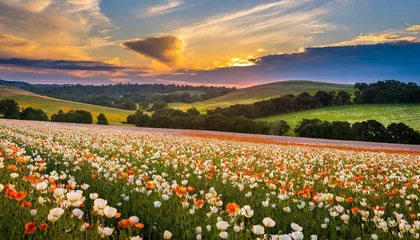 Outdoor kussens field of flowers and mountains © Duy