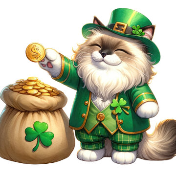 Ragdoll dressed in a St. Patrick's theme and holding a large bag of gold coins. Pretending to share gold coins