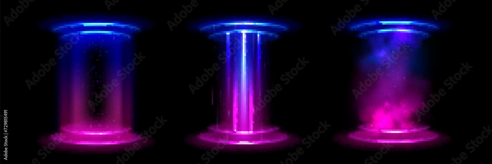 Poster magic game ui portal with round platform, neon glowing blue and pink gradient rays and vortex, flash