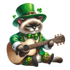 Siamese cat dressed in St. Patrick's theme, playing guitar, light water color, not too bold. white background