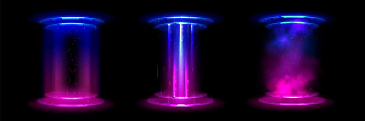 Magic game ui portal with round platform, neon glowing blue and pink gradient rays and vortex, flash sparkles and smoke. Realistic vector set of fantasy scifi teleport to travel in time and space. © klyaksun