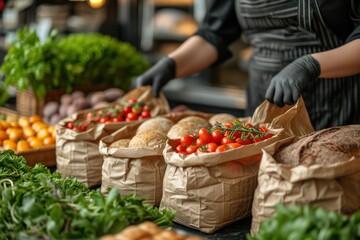 Obraz premium Grocery store cashier puts food into reusable bags,copy space.